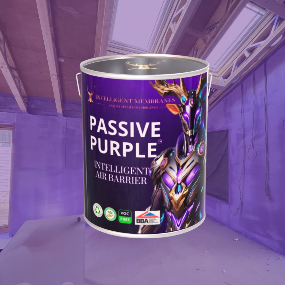 Air testing a high-performance building to confirm airtightness levels achieved with Passive Purple.