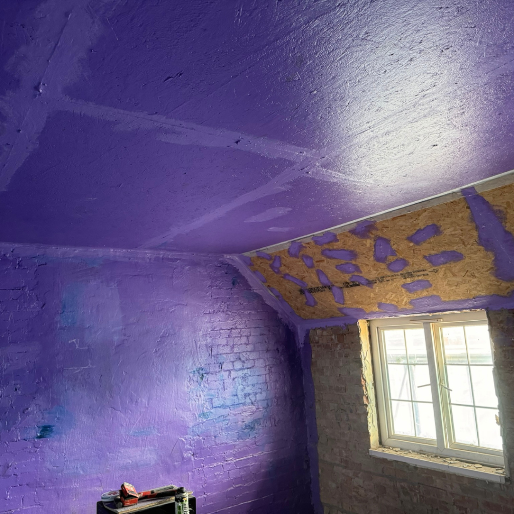"Retrofit damp control using Passive Purple internal airtight paint and Passivhaus Brickseal external coating to stop moisture while allowing walls to breathe."