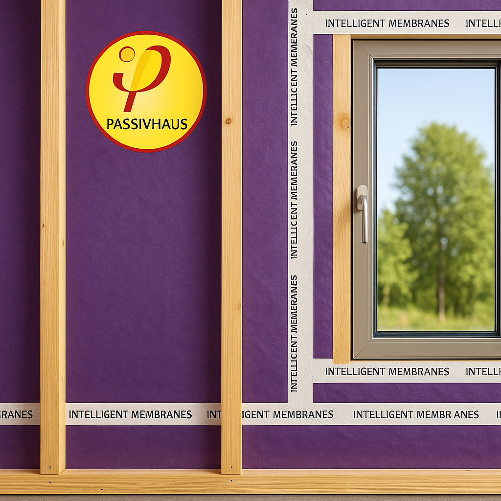 Passivhaus timber frame wall under construction with a purple airtight membrane, a grey-framed window, and white sealing tape around the window edges printed with “Intelligent Membranes,” showcasing airtight detailing.